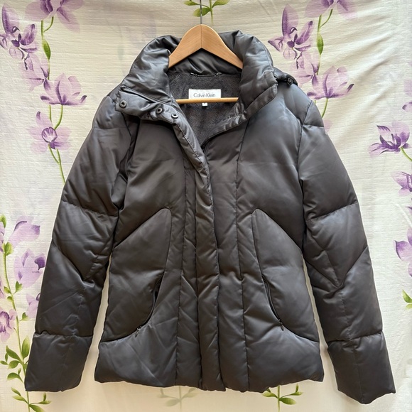 Calvin Klein Gray Down Winter Puffer Jacket With Hood - Picture 1 of 5